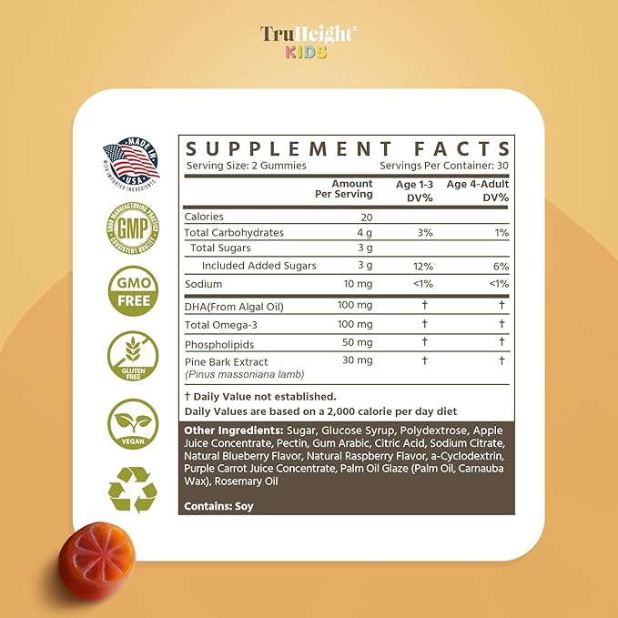 TruHeight Kids Brain Growth Gummies (Ages 2+) All Natural Kids & Toddler Vitamins - Omega-3, DHA Multivitamin - Pediatrician Endorsed Vitamin - Brain & Memory Supplements - Gluten Free Supplement