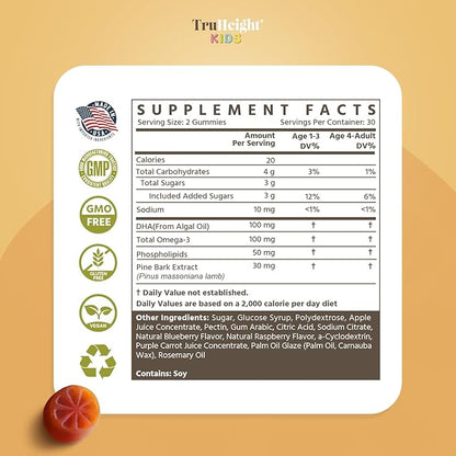 TruHeight Kids Brain Growth Gummies (Ages 2+) All Natural Kids & Toddler Vitamins - Omega-3, DHA Multivitamin - Pediatrician Endorsed Vitamin - Brain & Memory Supplements - Gluten Free Supplement