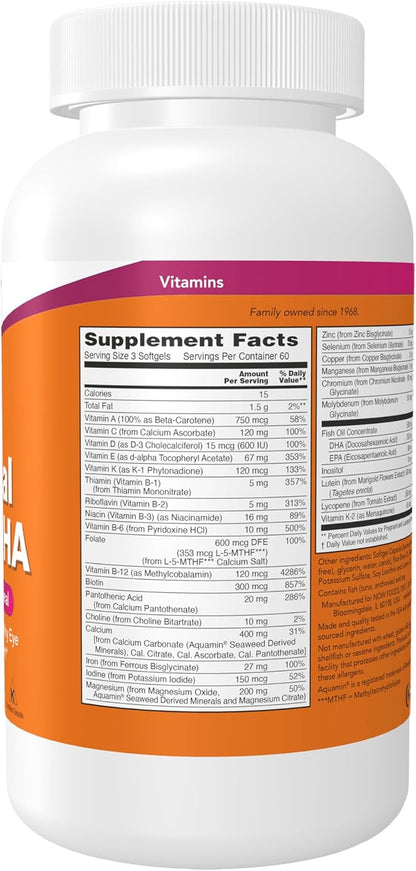 NOW Supplements, Prenatal Gels + DHA with 250 mg DHA per serving, plus Borage Oil (GLA), 180 Softgels