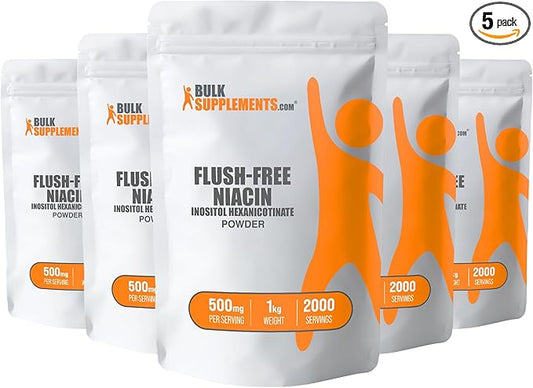 BulkSupplements.com Flush Free Niacin Powder - as Inositol Hexanicotinate, Vitamin B3 Supplement, Niacin 500mg Flush Free - Gluten Free, 500mg of per Serving, 5kg (11 lbs) (Pack of 5)