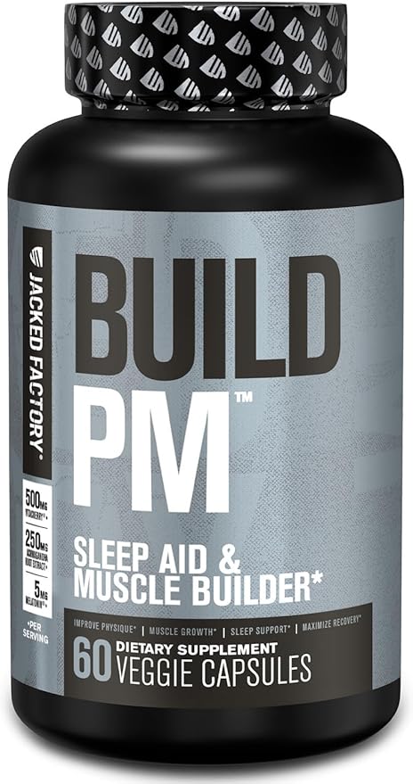 Jacked Factory Build PM Night Time Muscle Builder & Sleep Aid - Post Workout Recovery & Sleep Support Supplement w/VitaCherry Tart Cherry, Ashwagandha, & Melatonin - 60 Natural Veggie Pills