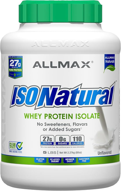 ALLMAX ISONATURAL Whey Protein Isolate, Unflavored - 5 lb - 27 Grams of Protein Per Scoop - Zero Fat & Sugar - 99% Lactose Free - with Prebiotics - No Artificial Flavors - Approx. 78 Servings