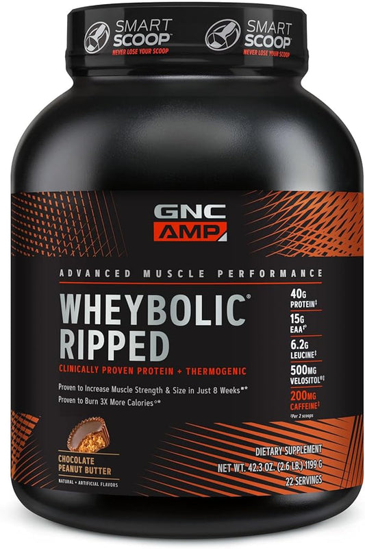 GNC AMP Wheybolic Ripped Whey Protein Powder Isolate with BCAA | Targeted Muscle Building and Workout Support Formula | Gluten Free |Chocolate Peanut Butter | 22 Servings