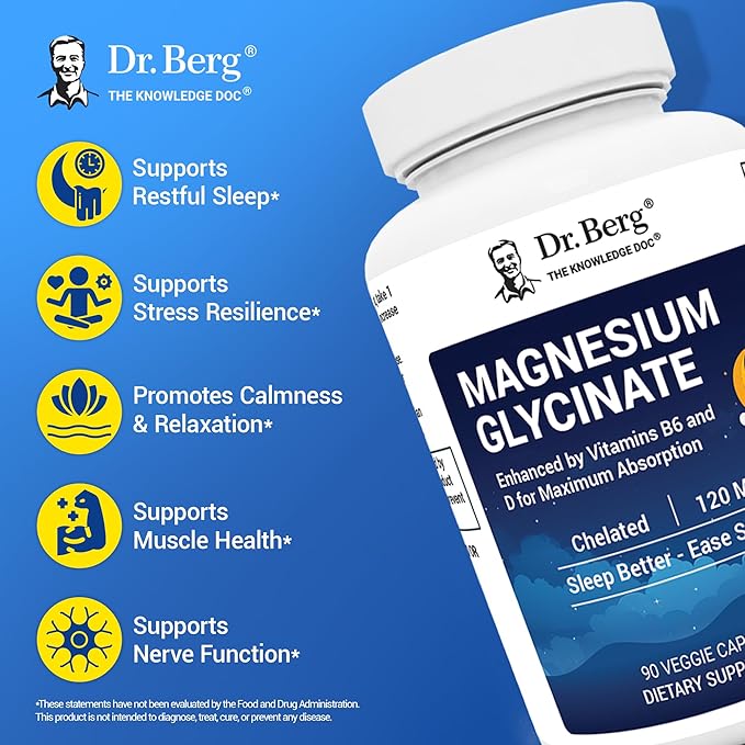 Dr. Berg Magnesium Glycinate with Vitamin D & B6 for Stress Relief, Calm, Relaxation, & Good Sleep* - 120 mg Magnesium Bisglycinate Capsules - High Absorption Chelated Magnesium Glycinate - 90 Caps