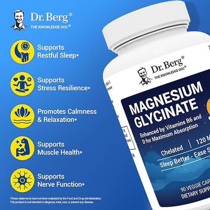 Dr. Berg Magnesium Glycinate with Vitamin D & B6 for Stress Relief, Calm, Relaxation, & Good Sleep* - 120 mg Magnesium Bisglycinate Capsules - High Absorption Chelated Magnesium Glycinate - 90 Caps