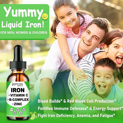 Iron Supplement for Women, Men & Kids, Liquid High Potency Iron w. Vitamin C, B12, B-Complex, Blood Builder Iron Supplement for Anemia, Fatigue, Red Blood Cell Support, Vegan Iron Drops, Gentle