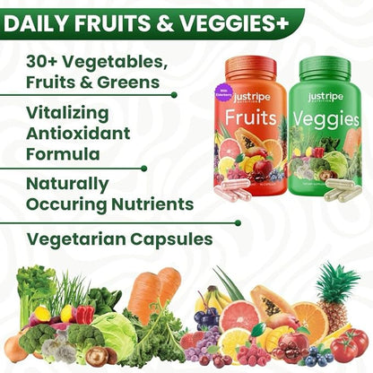Fruits and Veggies Supplement - 90 Fruit and 90 Vegetable Capsules - 100% Whole Natural Superfood - Filled with Vitamins and Minerals - Supports Energy Levels (1 Pack)