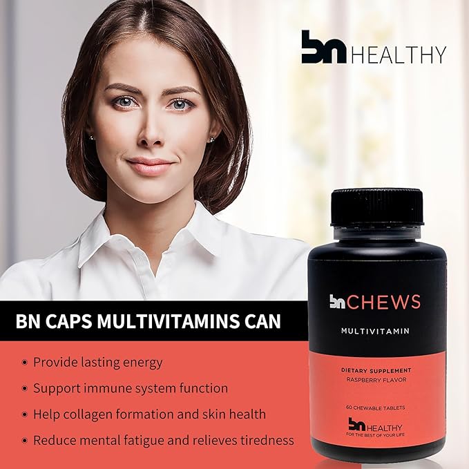 BN Chews Raspberry - Bariatric Multivitamin Chewable with 26 Essential Nutrients: Vitamins A, B6, B12, C, D3, 45 mg Iron & Calcium, Supports Men & Women Health, 60 Count, 30(60) Days Supply