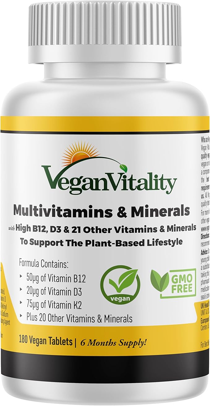 Vegan Multivitamins & Minerals for Women and Men with High Strength Vitamin B12, D3 & K2. 180 Multivitamin Tablets - 6 Months Supply. Vitamins for Vegans & Vegetarians