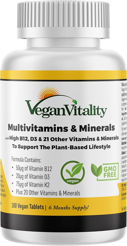 Vegan Multivitamins & Minerals for Women and Men with High Strength Vitamin B12, D3 & K2. 180 Multivitamin Tablets - 6 Months Supply. Vitamins for Vegans & Vegetarians