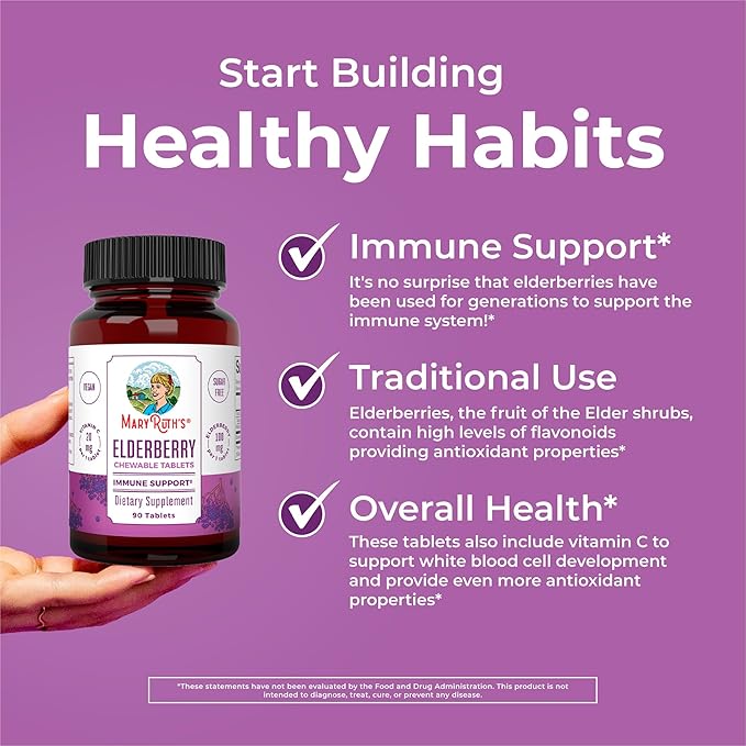 MaryRuth Organics Elderberry Vitamin C Chewable Tablets | Sambucus nigra | Black Elderberry for Immune Support | 3 Month Supply | Gluten Free | Non-GMO | 90 Servings