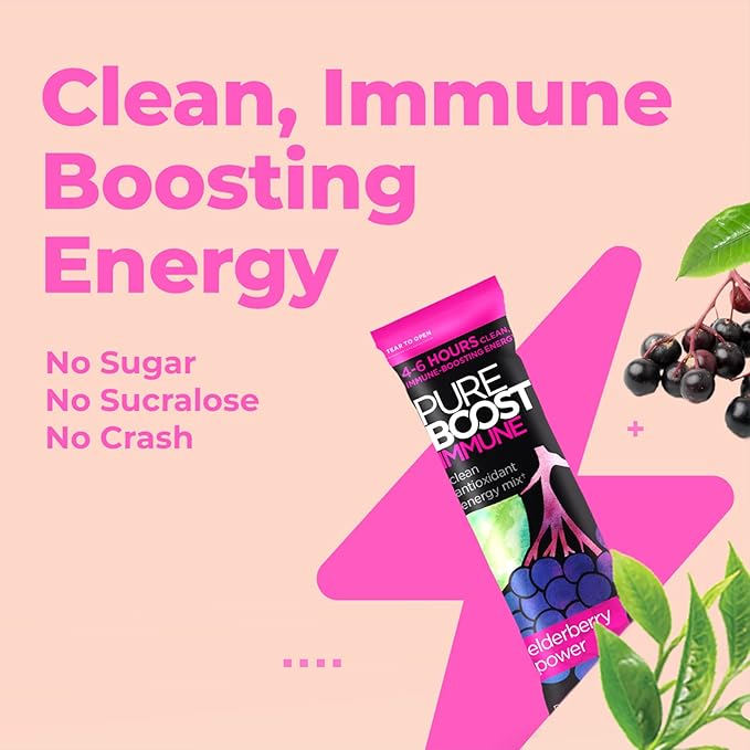 Pureboost Immune Clean Energy Booster, Refreshing Energy Drink Mix and Immunity Supplement with Elderberry, 1,200 mg Vitamin C, Vitamins A + D, and Zinc. Sugar-Free Energy (Elderberry Power, 30 Count)