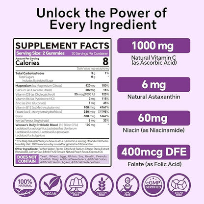Magnesium Citrate Gummies 420mg for Adult - Dual Layer - w/ 10 Billion CFU - 5 Strains Probiotics & Calcium,D3,Biotin,Iron,B6,B12,Folate,Supports for Bone,Nerve,Relaxation,Muscle - Vegan 60 Cts