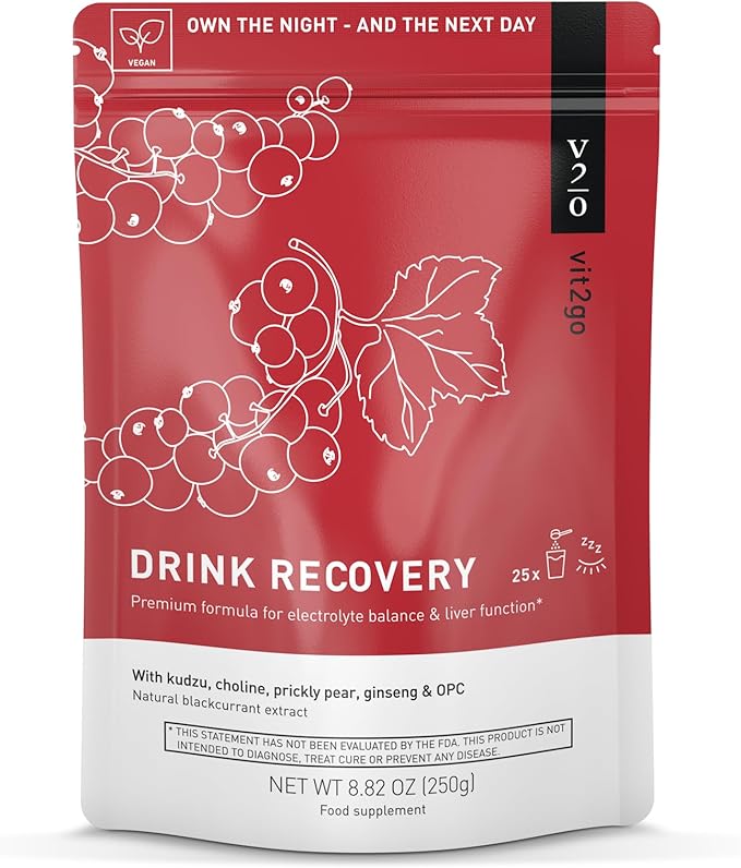 Drink Recovery Electrolytes Powder 250g with Vitamins, Vegan Electrolyte Packets for Hydration & Liver Detox, Blackcurrant Flavor (25 Portions)