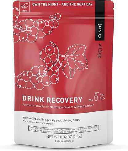 Drink Recovery Electrolytes Powder 250g with Vitamins, Vegan Electrolyte Packets for Hydration & Liver Detox, Blackcurrant Flavor (25 Portions)