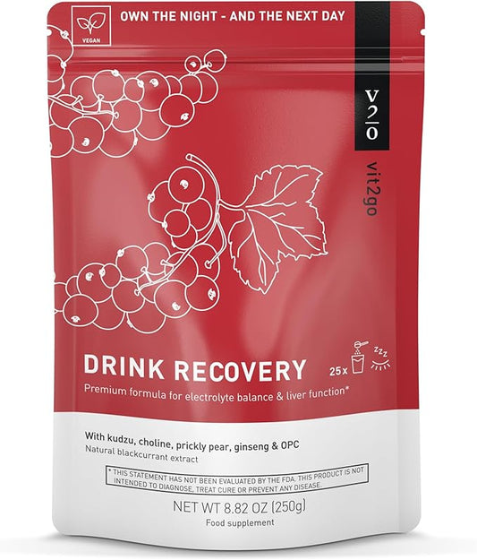 Drink Recovery Electrolytes Powder 250g with Vitamins, Vegan Electrolyte Packets for Hydration & Liver Detox, Blackcurrant Flavor (25 Portions)