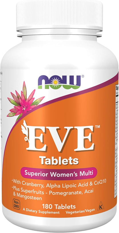 NOW Foods Supplements, Eve™ Women's Multivitamin with Cranberry, Alpha Lipoic Acid and CoQ10, plus Superfruits - Pomegranate, Acai & Mangosteen, 180 Tablets