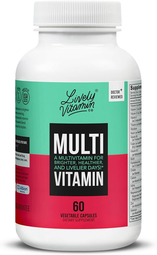 LIVELY VITAMIN CO. Multivitamin - 37 Vitamins Minerals and Extracts - Energy - Memory - Immune Function - Heart- Brain - Focus - Mood - Antioxidants - Dairy Gluten Soy Free - 60 Vegetarian Capsules