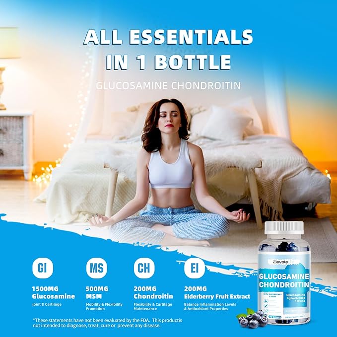 Glucosamine Chondroitin Gummies - Extra Strength Joint Support Supplement with MSM & Elderberry for Natural Joint, Antioxidant Immune Support for Adults, Men & Women 90 Blueberry Gummies