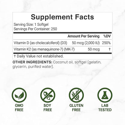 DEAL SUPPLEMENT Sunshine Vitamin D – Vitamin D3 2,000 IU with K2 MK7 50mcg – Infused with Virgin Coconut Oil – Support Healthy Bones, Teeth, and Immune System – Easy to Swallow