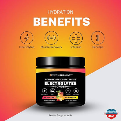 Raspberry Lemonade Electrolytes - Keto-Friendly Essential Vitamins and Electrolytes for fasting - BCAA Electrolyte Powder and Multivitamins for instant hydration - No Sugar - No Caffeine- Made in USA