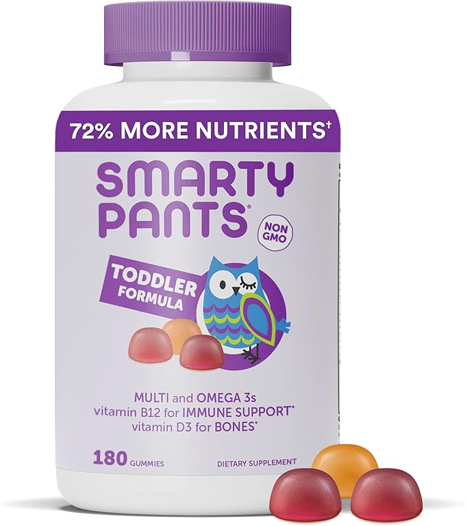 SmartyPants Toddler Multivitamin Gummies: Omega 3 Fish Oil (EPA/DHA), Vitamin D3, C, Vitamin B12, B6, Vitamin A, K & Zinc, Beta Carotene, Gluten Free, Three Fruit Flavors, 180 Count (60 Day Supply)