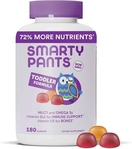 SmartyPants Toddler Multivitamin Gummies: Omega 3 Fish Oil (EPA/DHA), Vitamin D3, C, Vitamin B12, B6, Vitamin A, K & Zinc, Beta Carotene, Gluten Free, Three Fruit Flavors, 180 Count (60 Day Supply)