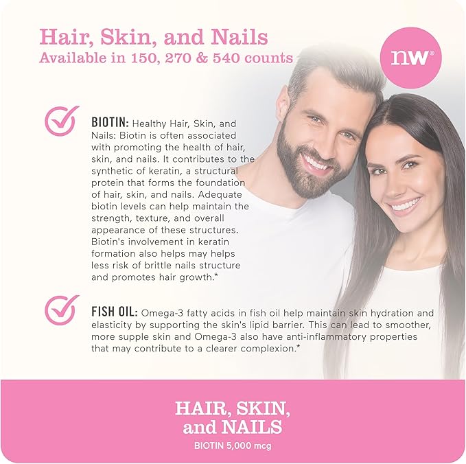 NatureWise Hair Skin and Nails Vitamin, Biotin 5000mcg w/Hyaluronic Acid, Collagen for Women with C, B Complex, D3, A, E, Iron - Non-GMO, Gluten Free - 270 Softgels[3-Month Supply]