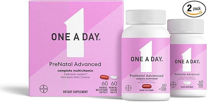 ONE A DAY Women’s Prenatal Advanced Complete Multivitamin with Brain Support* with Choline, Folic Acid, Omega-3 DHA & Iron for Pre, During & Post Pregnancy, 60+60 Ct (120 Total) (Packaging May Vary)