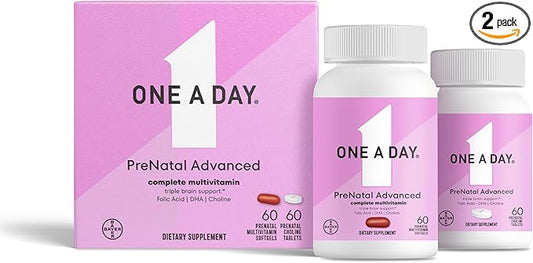 ONE A DAY Women’s Prenatal Advanced Complete Multivitamin with Brain Support* with Choline, Folic Acid, Omega-3 DHA & Iron for Pre, During & Post Pregnancy, 60+60 Ct (120 Total) (Packaging May Vary)
