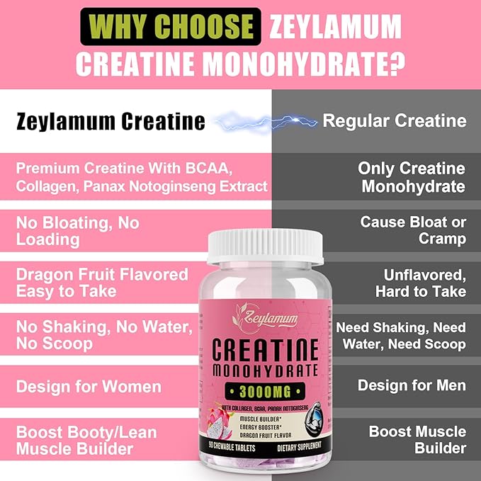 Creatine Monohydrate for Women, Creatine Supplement 3000 MG, with Hydrolyzed Collagen, BCAA, for Muscle Builder & Strength, Energy Boost, Faster recovery, Vegan, Non-GMO, Sugar Free, 60 Servings