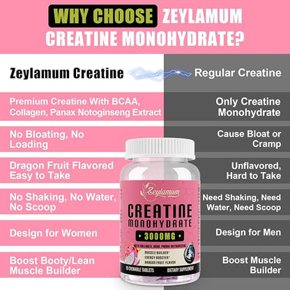 Creatine Monohydrate for Women, Creatine Supplement 3000 MG, with Hydrolyzed Collagen, BCAA, for Muscle Builder & Strength, Energy Boost, Faster recovery, Vegan, Non-GMO, Sugar Free, 60 Servings