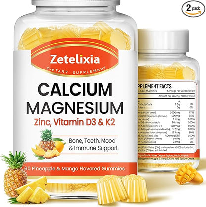 Calcium Gummies for Women Men, Calcium Magnesium Zinc with Vitamin D3 & K2, Calcium Magnesium Supplement for Bones Muscles and Joints, Pineapple & Mango Flavor - 120 Count