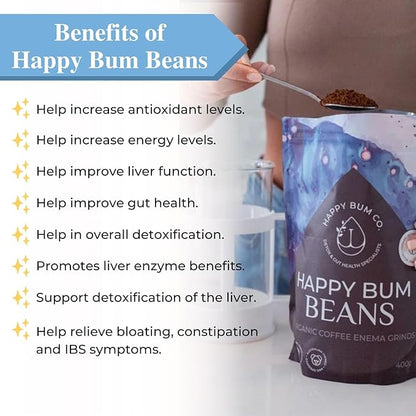 Happy Bum Coffee Enema Beans | Medium Roast Enema Coffee Organic Detox with Higher Palmitic Acid, Mold-Free and Low Acidity for Gentle Detox and Gut Health (400g)