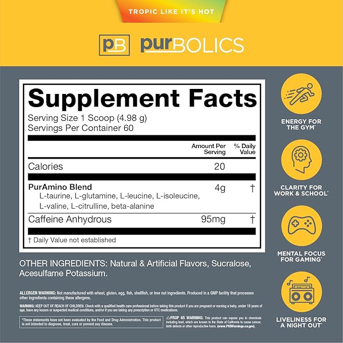Aminos + Energy | Supports Recovery, Energy & Focus | 95mg of Caffeine, 0 Sugar & 60 Servings (Tropic Like It's Hot)