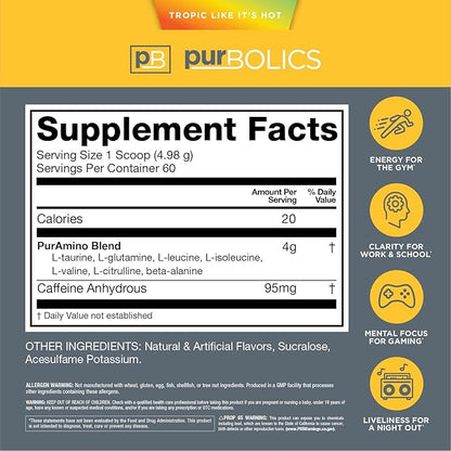 Aminos + Energy | Supports Recovery, Energy & Focus | 95mg of Caffeine, 0 Sugar & 60 Servings (Tropic Like It's Hot)