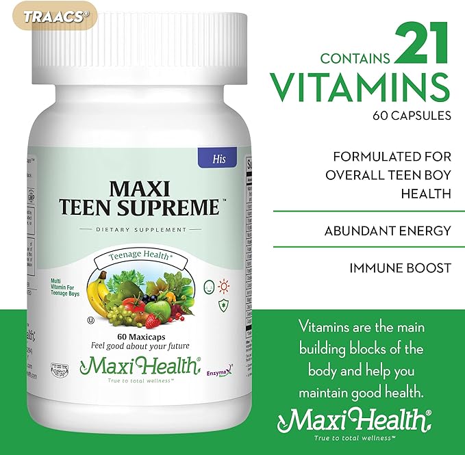 Maxi Health Teen Supreme HIS Vitamins for Teen Boys (60) - Teen Multivitamin for Young Men Ages 12 17 - Daily Teen Vitamins for Nutrition, Energy, Immune Support, Antioxidants & Teen Boy Needs