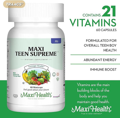 Maxi Health Teen Supreme HIS Vitamins for Teen Boys (60) - Teen Multivitamin for Young Men Ages 12 17 - Daily Teen Vitamins for Nutrition, Energy, Immune Support, Antioxidants & Teen Boy Needs