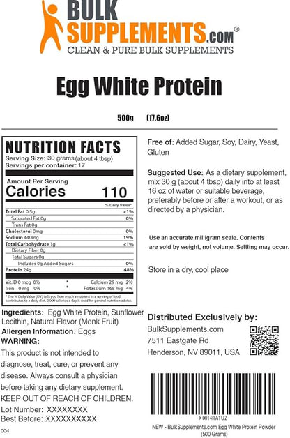 BulkSupplements.com Egg White Protein Powder - Egg White Powder, Lactose Free & Dairy Free Protein Powder - Unflavored & Gluten Free, 30g per Serving, 500g (1.1 lbs) (Pack of 1)
