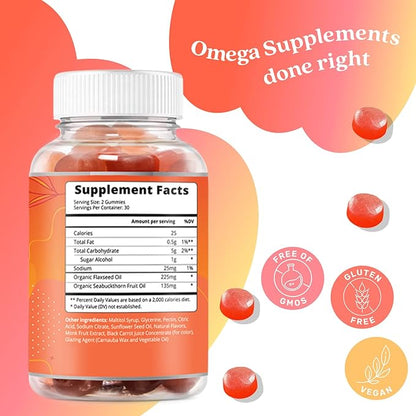 BeLive Organic Omega 3 Gummies - Omega 3 6 9 7 DHA & EPA from Flaxseed Oil & Sea Buckthorn Fruit Oil, Vegan Omega 3 for Kids & Adults, Full Body, Brain & Eye Support, Sugar Free – Peach | 3-Pack