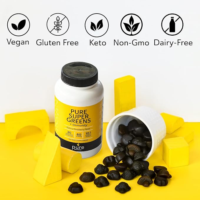 Super Greens Multivitamin Gummies for Men & Women - Adult Immune Support Gummies - 30 Superfoods Vegan Supplements - Natural Raspberry Flavor (60 Count)