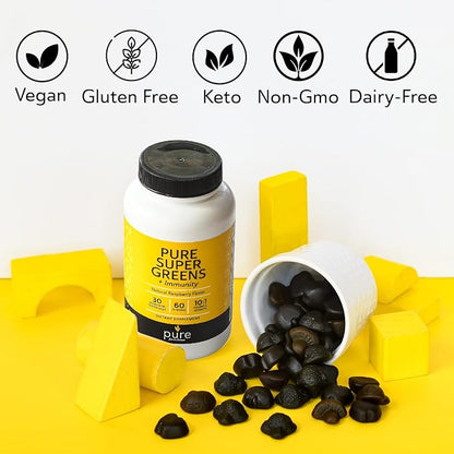 Super Greens Multivitamin Gummies for Men & Women - Adult Immune Support Gummies - 30 Superfoods Vegan Supplements - Natural Raspberry Flavor (60 Count)