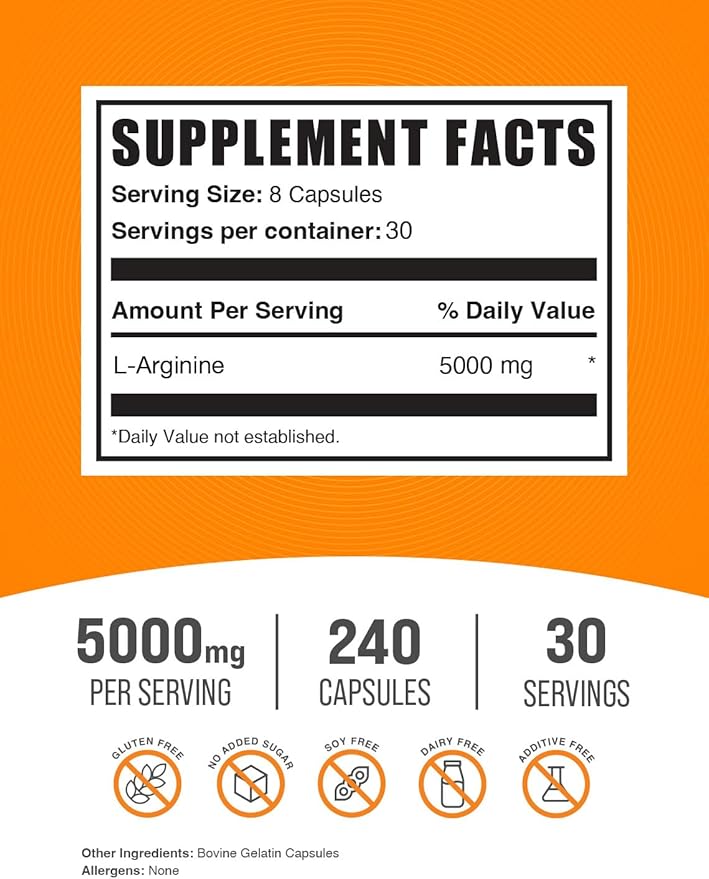 BulkSupplements.com L-Arginine 5000mg Capsules - Arginine Supplement, Nitric Oxide Supplement, L-Arginine Capsules - Gluten Free, 8 Capsules per Serving, 240 Capsules (Pack of 1)