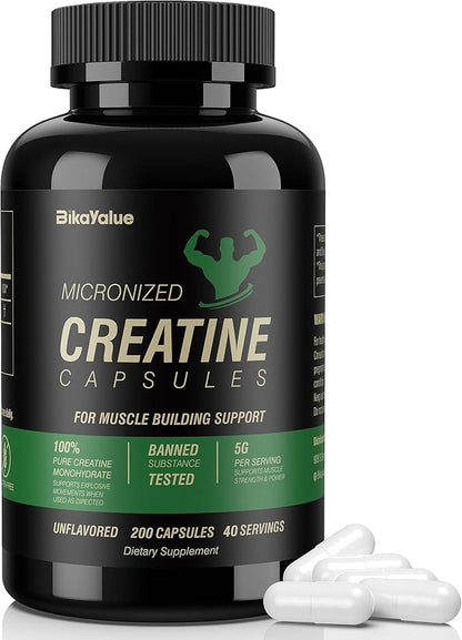 Micronized Creatine Monohydrate Capsules, Creatine Capsules Supplement for Muscle, Strength, Performance, Energy, Recovery, Gluten Free Creatine for Women and Men, 200Capsules (40 Servings)