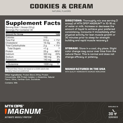 MTN OPS Magnum Cookies & Cream Protein Powder, 23g of Whey Isolate Protein & Milk Protein with BCAAs, Zero Sugar & Gluten Free, Cookies& Cream, 30-Serving Tub