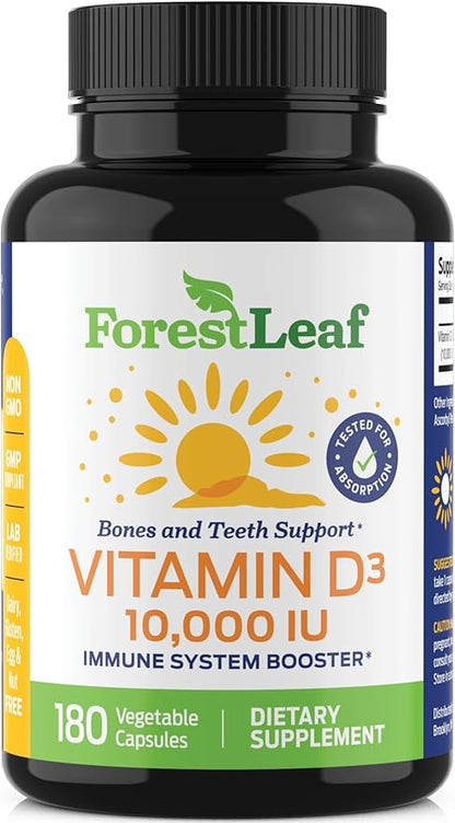 ForestLeaf Vitamin D3 10000IU - Bone Health and Immune Support - Small Easy to Swallow Capsules - Non-GMO Gluten Free VIT D - VIT D3 Vitamin D Supplements for Women and Men, 180 Count