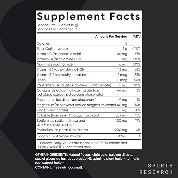 Sports Research Hydrate Electrolytes Powder Packets - Sugar-Free & Naturally Flavored with Vitamins, Minerals, and Coconut Water - Supports Hydration - 16 Packets - Lemon Lime