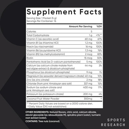 Sports Research Hydrate Electrolytes Powder Packets - Sugar-Free & Naturally Flavored with Vitamins, Minerals, and Coconut Water - Supports Hydration - 16 Packets - Lemon Lime