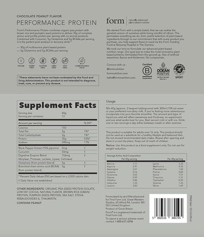 Form Performance Protein - Vegan Protein Powder - 30g of Plant Based Protein per Serving, with BCAAs. Perfect Post Workout. Tastes Great with Just Water! (Chocolate Peanut)