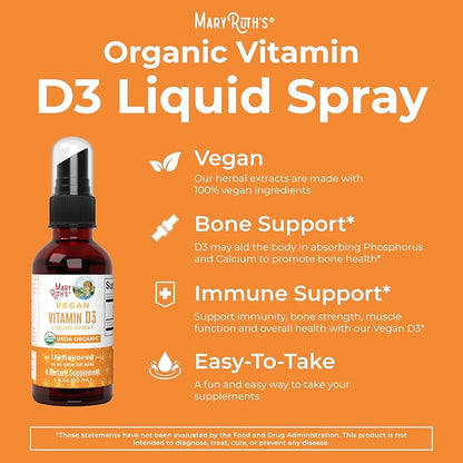 MaryRuth Organics Vitamin D USDA Organic | Vitamin D3 Liquid | Sugar Free | Liquid Vitamin D Spray Immune Support for Adults & Kids | Bone Health | Vit D3 | Vegan | Gluten Free | Non-GMO | 30 Servings
